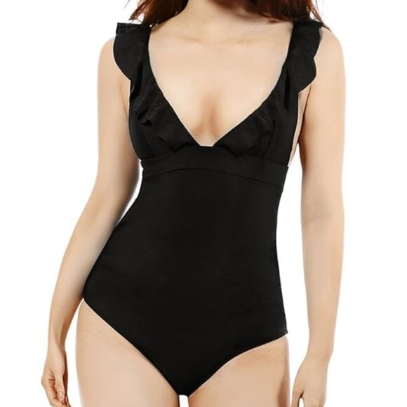 One Piece Women's Back Lace Lace-Up Ruffle V-Neck Bathing Suit - Picture 1 of 6